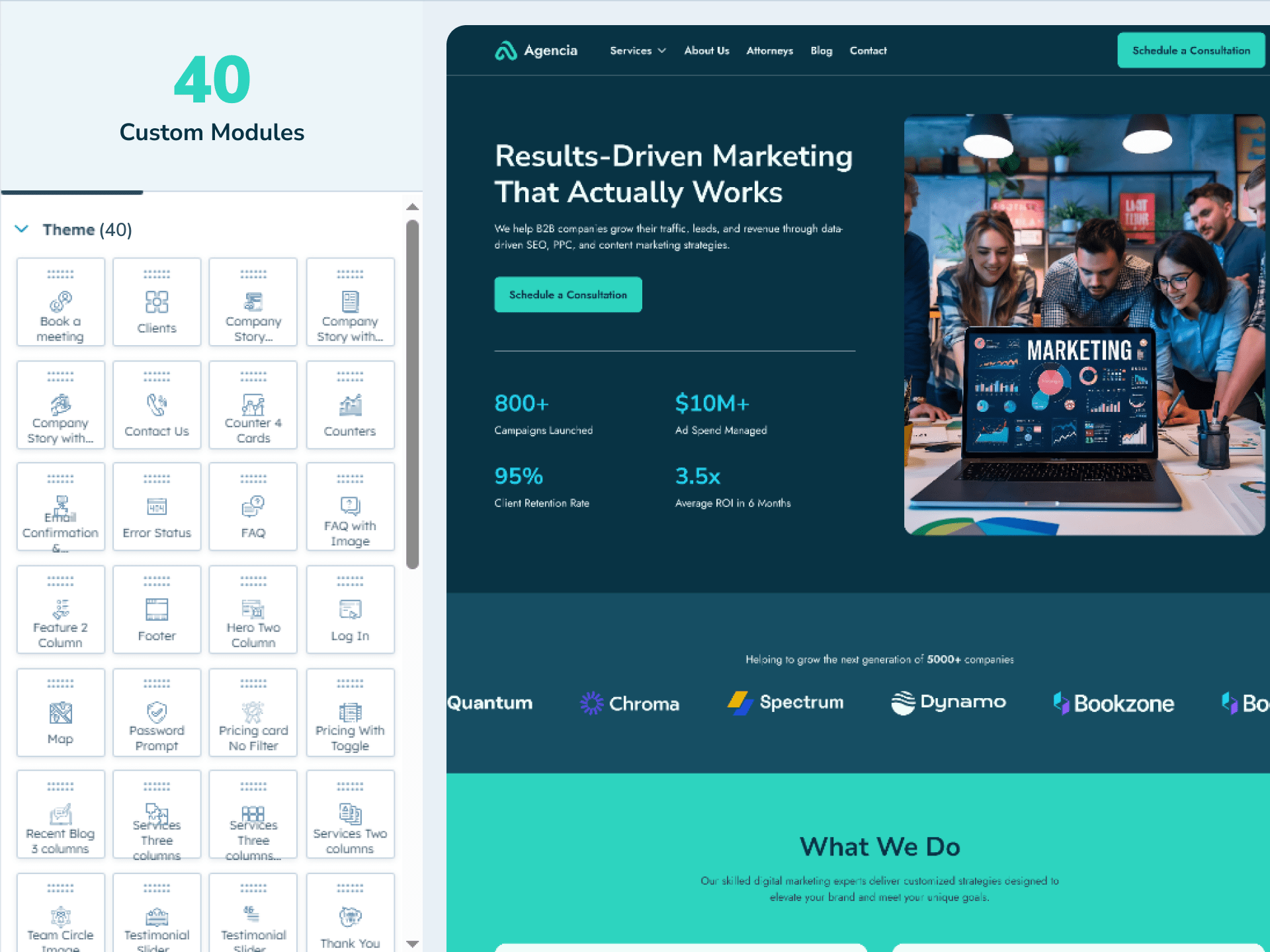 14 Pre-Designed Page Templates, 40 Customizable Modules